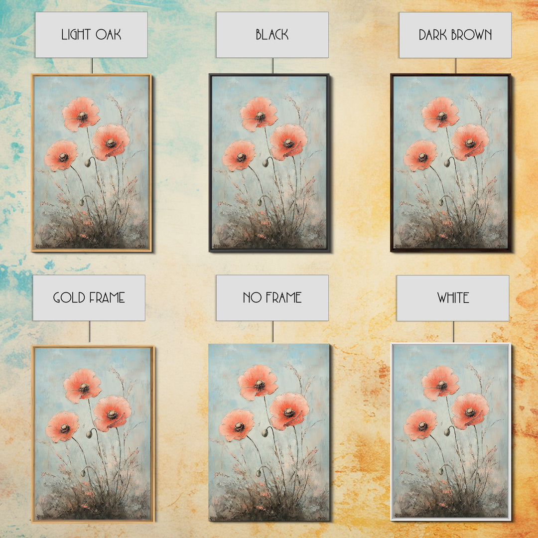 Coral Poppy Flowers On Blue Background Wall Art, Botanical Canvas Print, Floral Wall Decor For Bedroom Home Decor Gift For Her