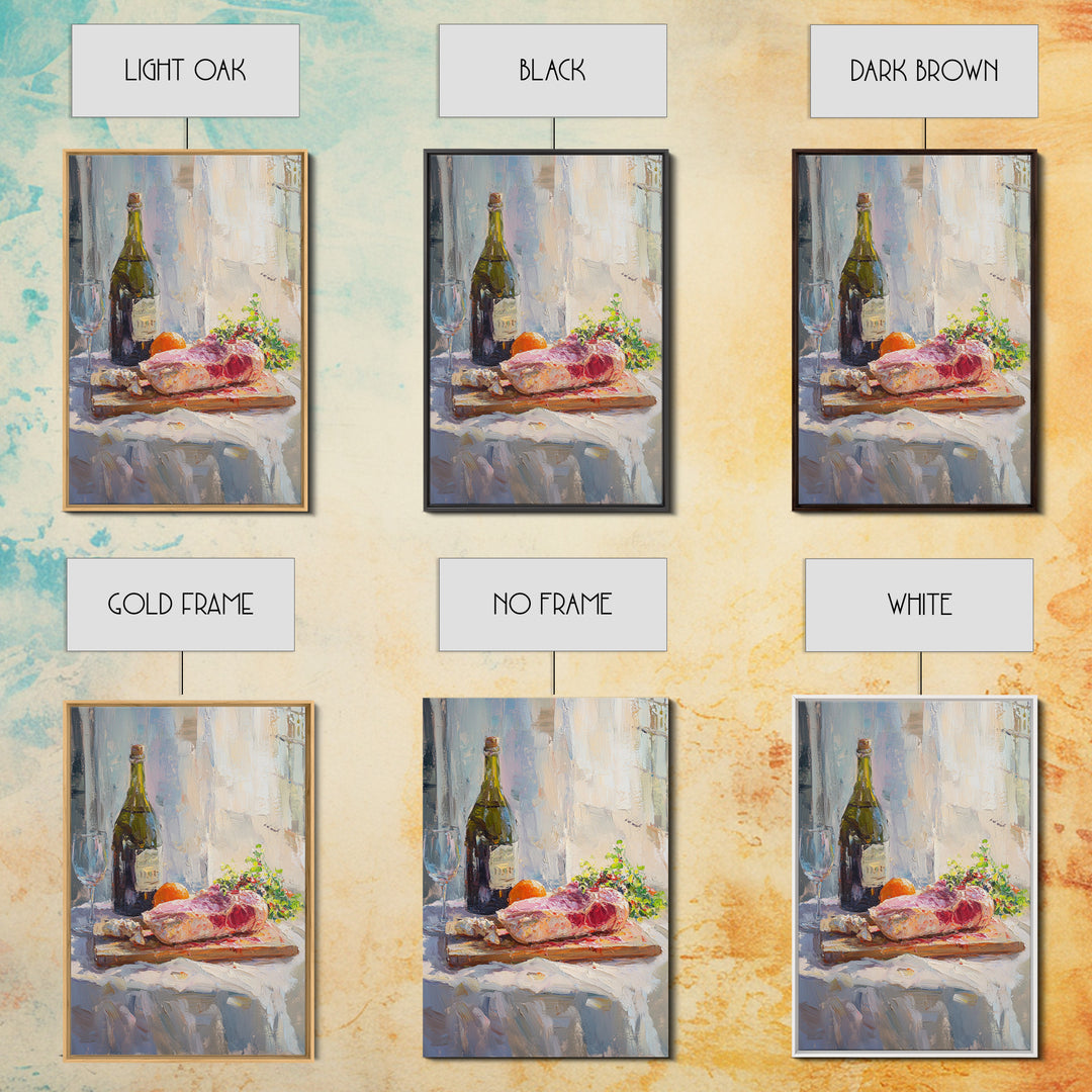 Wine Bottle And Steak Still Life Wall Art, French Kitchen Canvas Print, Dining Room Decor, Food Lover Gift, Rustic Home Decor