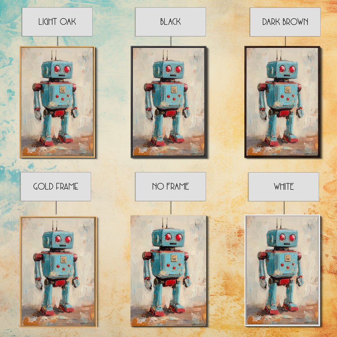 Whimsical Blue Toy Robot Oil Painting, Canvas Print For Kids Room Decor, Robot Wall Art, Sci Fi Nursery Art Gift, Modern Home Decor