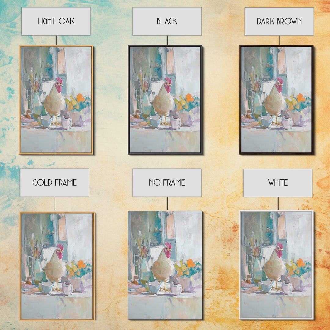 Charming Rooster On Kitchen Counter Painting, Canvas Print For Farmhouse Kitchen Wall Art, Rustic Country Decor, Chef Gift