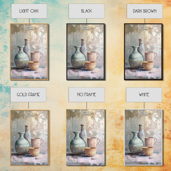 Textured Ceramic Vessels And Tea Cups Canvas Print, Neutral Kitchen Wall Art, Rustic Home Decor, Still Life Art Print Gift