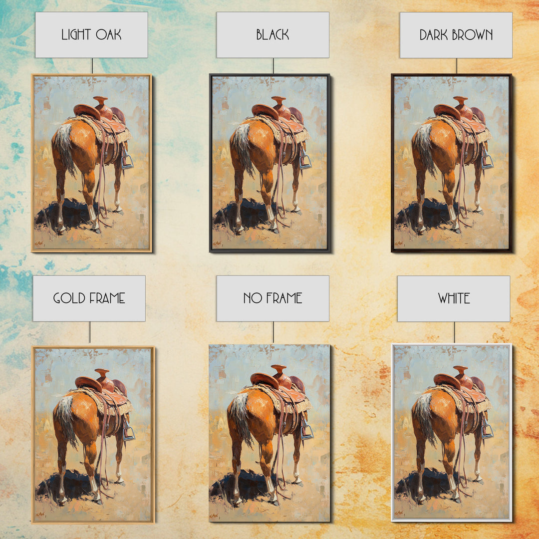 Saddled Chestnut Horse Western Canvas Print, Rustic Cowboy Wall Art, Equestrian Home Decor, Farmhouse Ranch Gift For Horse Lovers