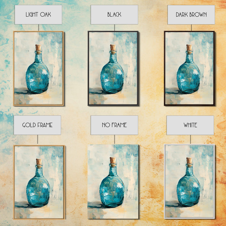 Turquoise Glass Bottle With Cork Canvas Print, Coastal Wall Art, Minimal Still Life Painting, Blue Bathroom Home Decor Gift