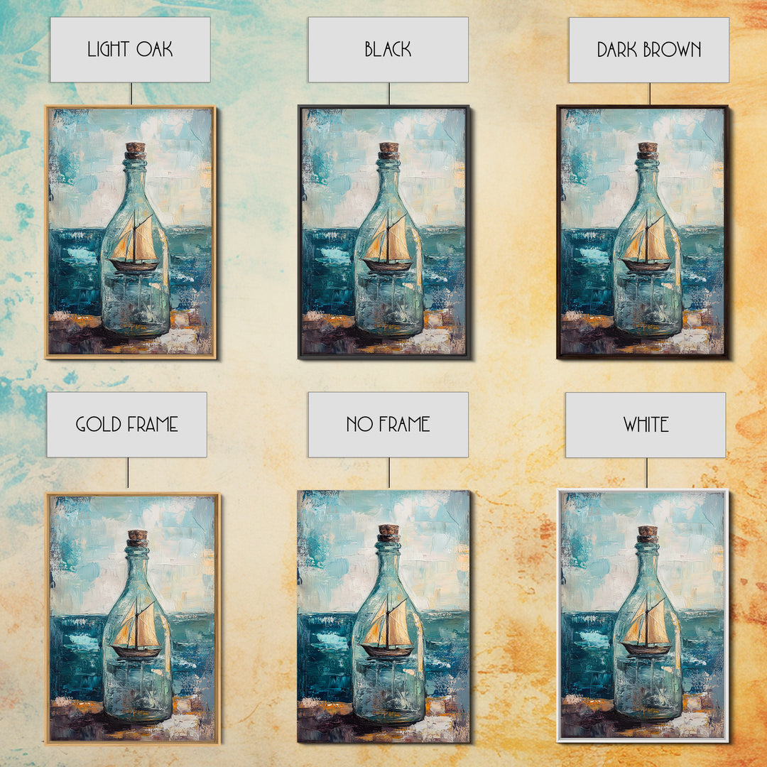 Ship In A Bottle Nautical Canvas Print, Coastal Wall Art, Sailboat Seascape, Ocean Decor, Beach House Statement Artwork Print