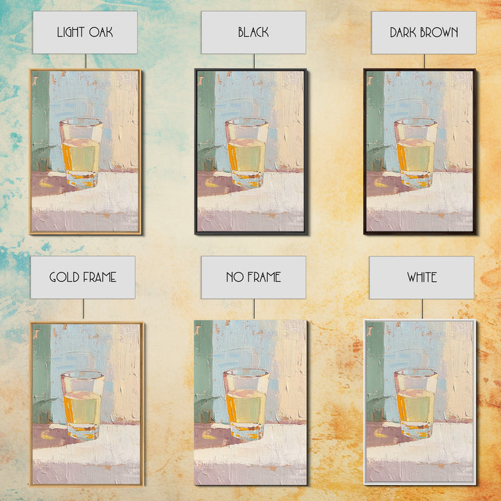 Minimal Glass Of Golden Tea Still Life Wall Art, Neutral Kitchen Decor, Modern Rustic Canvas Print, Soft Abstract Painting