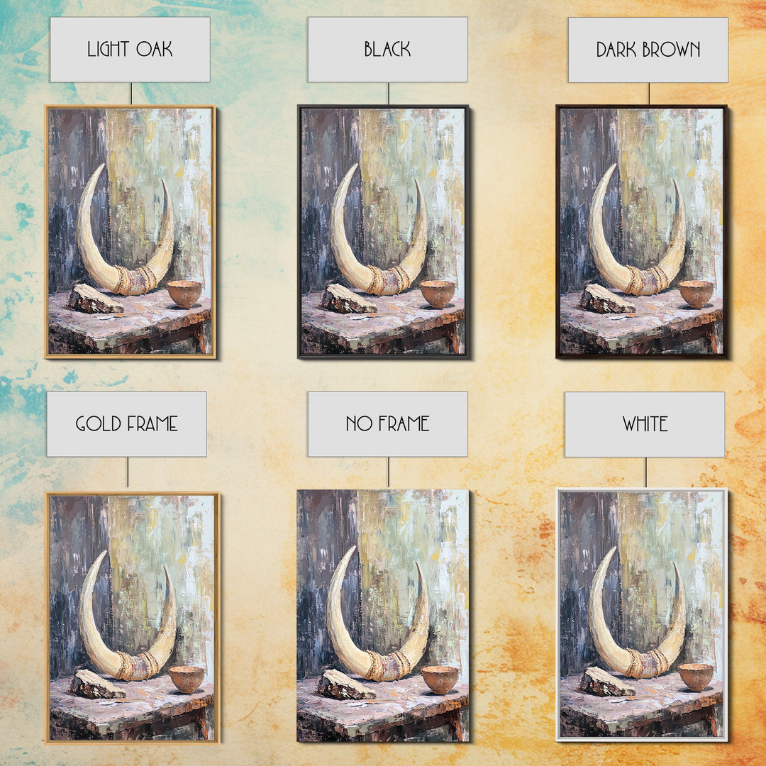 Curved Ivory Horn And Rustic Bowl Still Life Framed Canvas Print, African Inspired Wall Art, Tribal Decor, Moody Neutral Art