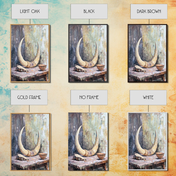Curved Ivory Horn And Rustic Bowl Still Life Framed Canvas Print, African Inspired Wall Art, Tribal Decor, Moody Neutral Art