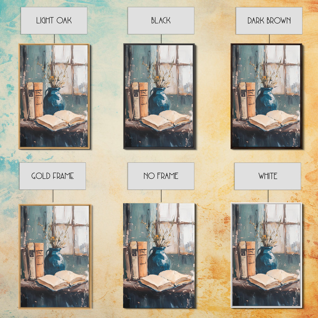 Open Book And Blue Vase Wall Art, Cozy Library Still Life, Dark Academia Decor, Reading Nook Art Print, Home Office Decor
