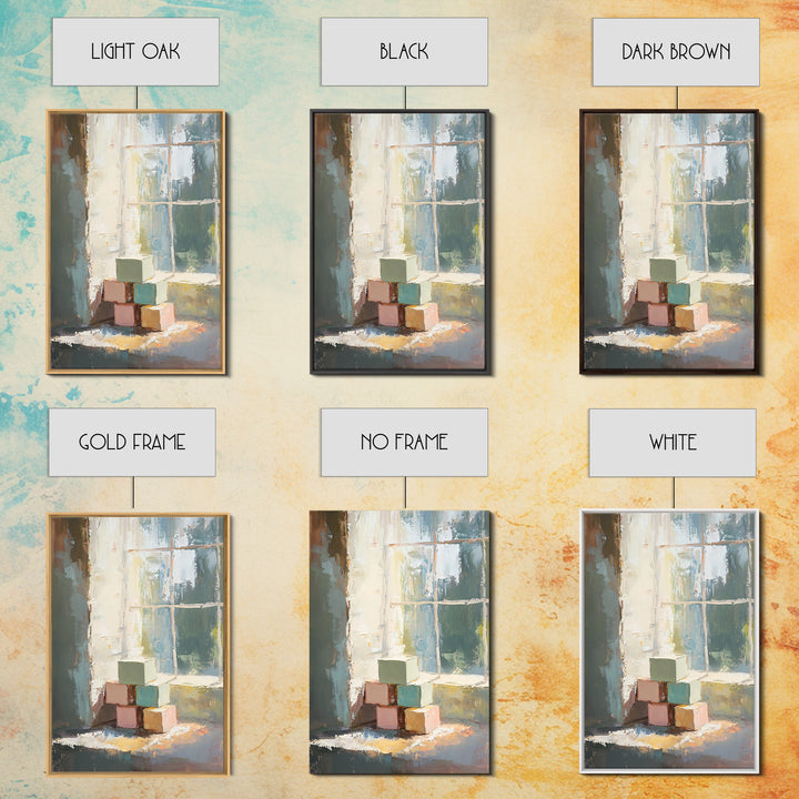 Pastel Wooden Blocks By Window Wall Art, Nursery Still Life Canvas Print, Kids Room Decor, Playroom Wall Art, Baby Gift Idea