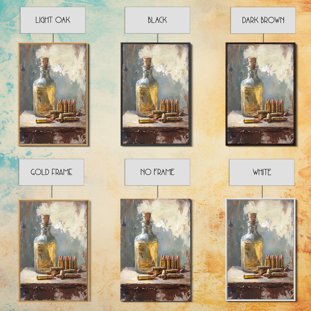 Amber Bottle And Brass Bullets Still Life Wall Art, Masculine Man Cave Decor, Rustic Office Print, Gift For Him, Moody Canvas