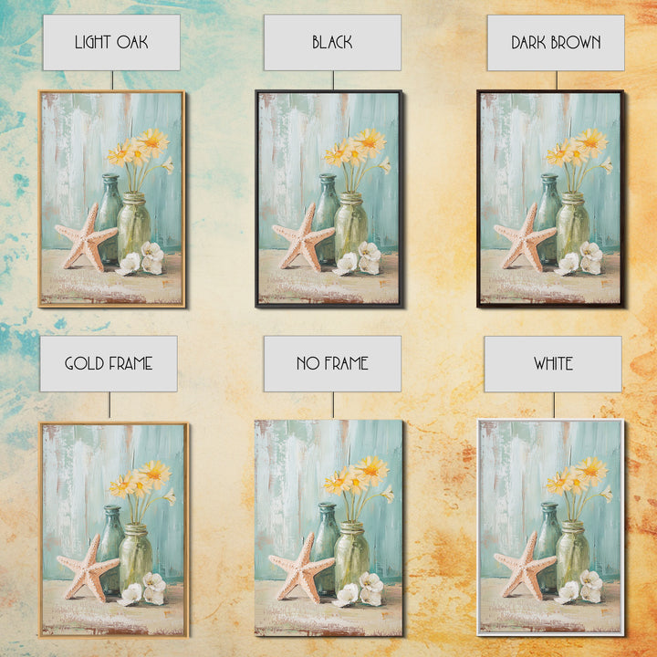 Starfish Daisies And Sea Glass Bottles Coastal Wall Art, Beach House Decor, Floral Canvas Print, Summer Gift For Her, Bathroom Decor