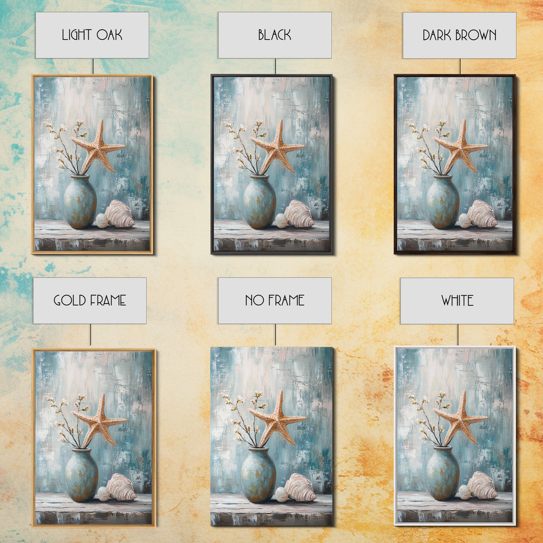 Orange Starfish Seashell And Blue Vase Coastal Wall Art, Nautical Beach Decor, Ocean Canvas Print, Serene Bathroom Art For Home