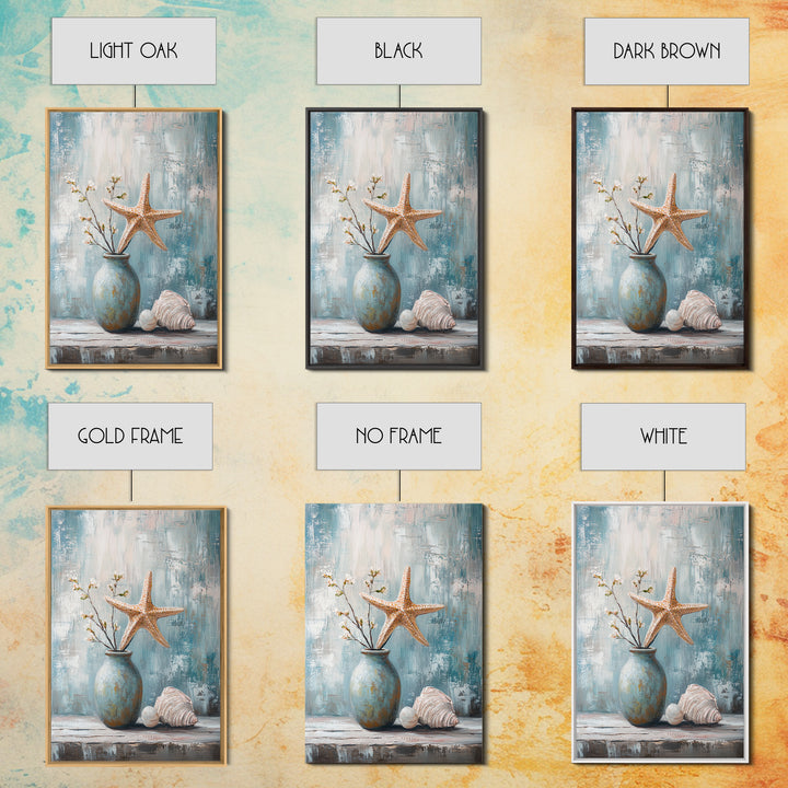 Orange Starfish Seashell And Blue Vase Coastal Wall Art, Nautical Beach Decor, Ocean Canvas Print, Serene Bathroom Art For Home
