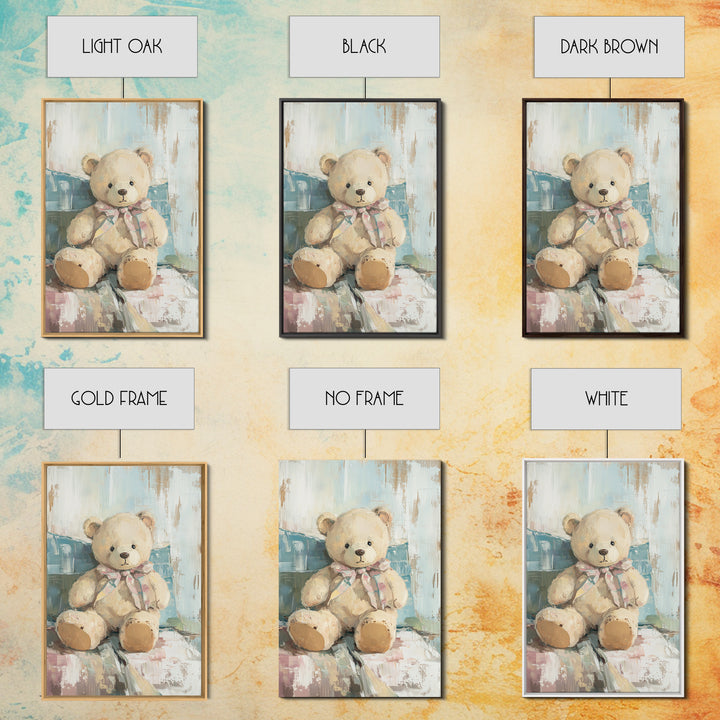 Cream Teddy Bear On Blue Pillow Framed Canvas Print, Nursery Wall Art, Kids Room Decor, Baby Shower Gift, Neutral Nursery Decor