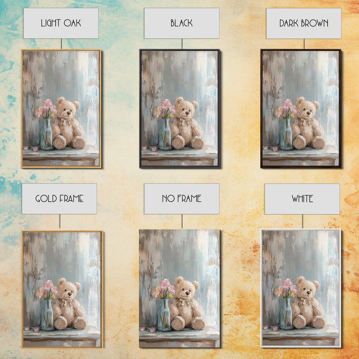 Smiling Teddy Bear With Pink Flowers Wall Art, Nursery Decor, Kids Room Art, Baby Shower Gift, Whimsical Animal Print, Girl Nursery Decor