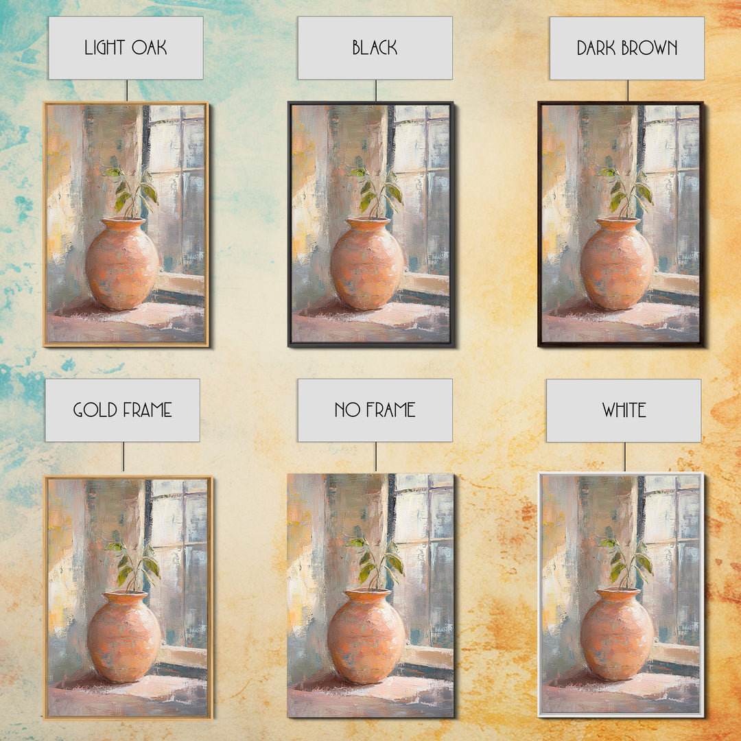 Terracotta Vase With Green Plant Framed Canvas Print, Rustic Botanical Wall Art, Neutral Home Decor, Entryway Wall Decor