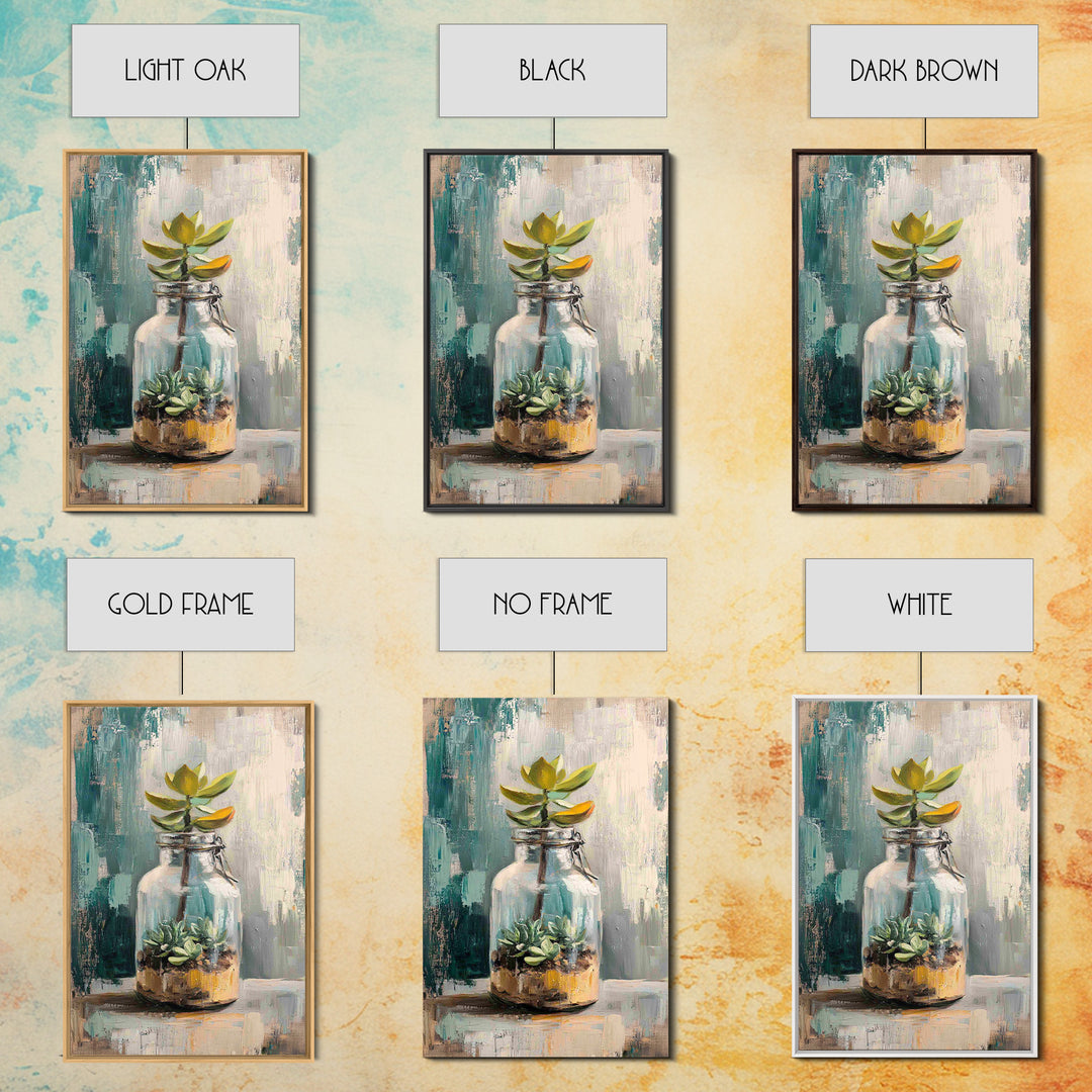 Succulent Terrarium In Glass Jar Wall Art, Botanical Canvas Print, Teal Still Life Decor, Plant Lover Housewarming Gift