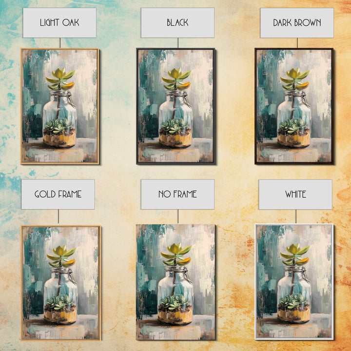 Succulent Terrarium In Glass Jar Wall Art, Botanical Canvas Print, Teal Still Life Decor, Plant Lover Housewarming Gift