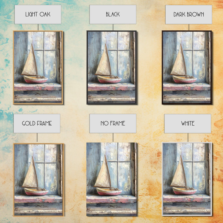 Weathered Sailboat On Window Sill Framed Canvas Print, Nautical Wall Art, Coastal Decor, Beach House Art, Seascape Art, Ocean Wall Decor