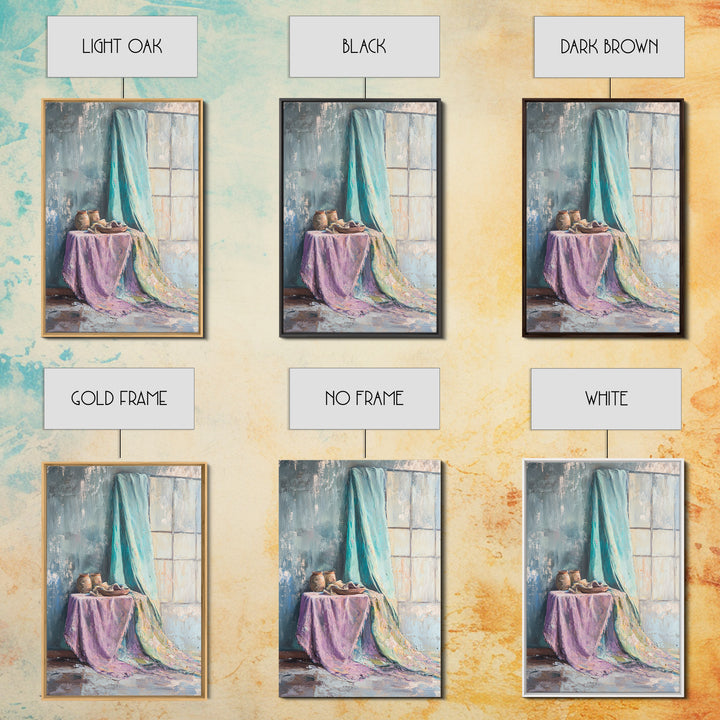 Turquoise Draped Fabric Still Life Wall Art, Soft Pastel Table Scene, Contemporary Canvas Print, Living Room Wall Decor, Home Decor