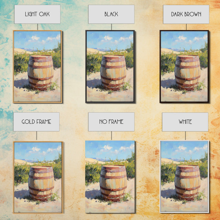 Sunlit Vineyard Wine Barrel Canvas Print, Rustic Winery Landscape Painting, Wine Wall Art, Kitchen Decor, Gift For Wine Lover