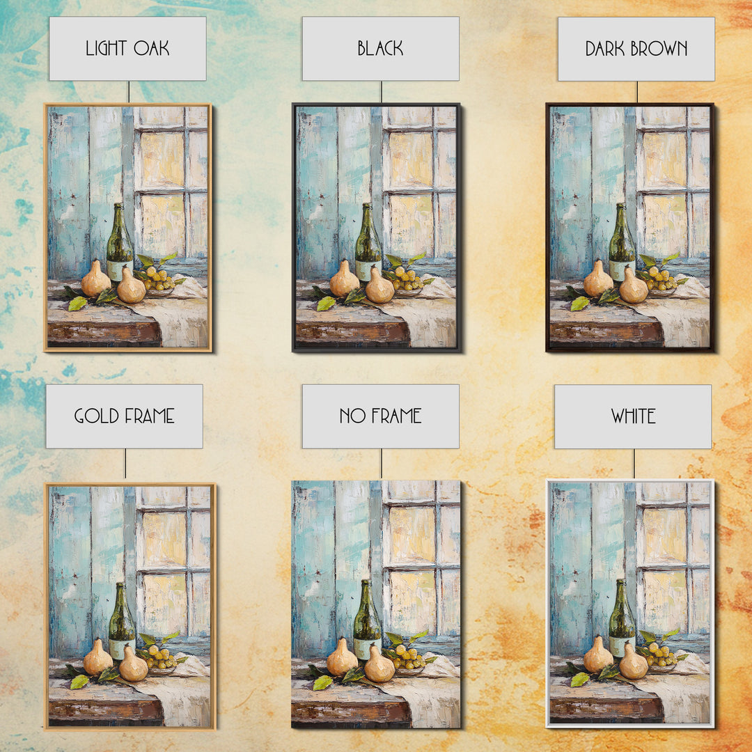 Wine Bottle Pears And Grapes By Window Canvas Print, Rustic Kitchen Wall Art For Dining Room Decor And French Country Decor