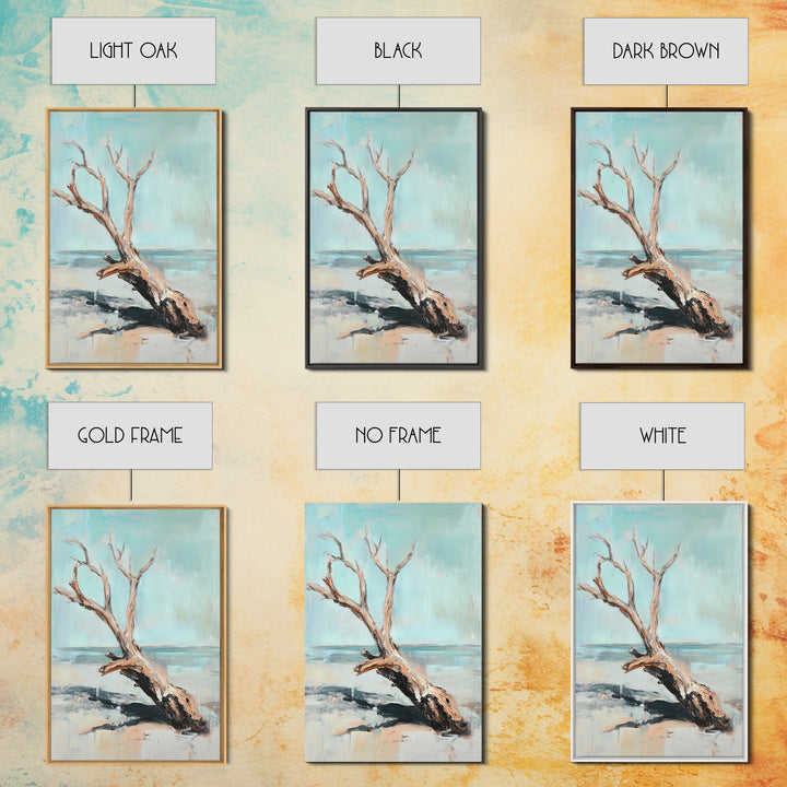 Weathered Driftwood On Quiet Beach Canvas Print, Coastal Wall Art, Minimalist Seascape Decor, Neutral Ocean Landscape Art