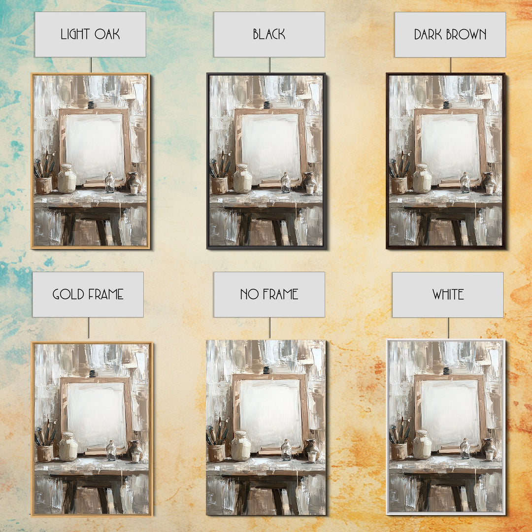Neutral Artist Studio Easel And Paintbrushes Framed Canvas Print, Minimalist Office Wall Art, Rustic Home Decor For Creative Spaces