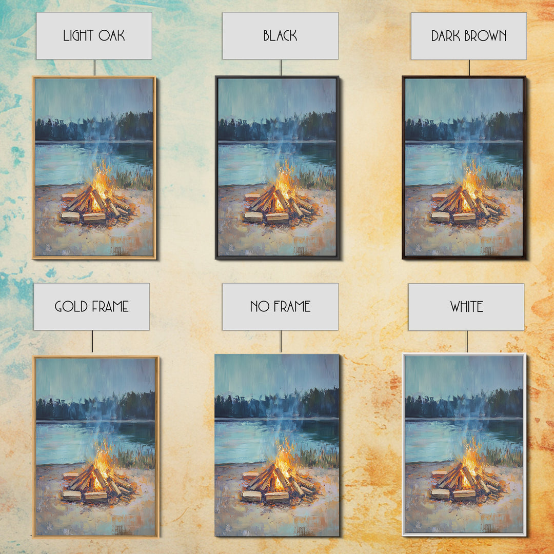Lakeside Campfire At Dusk Wall Art, Rustic Cabin Decor, Cozy Nature Print, Lake House Canvas, Housewarming Gift, Living Room Decor