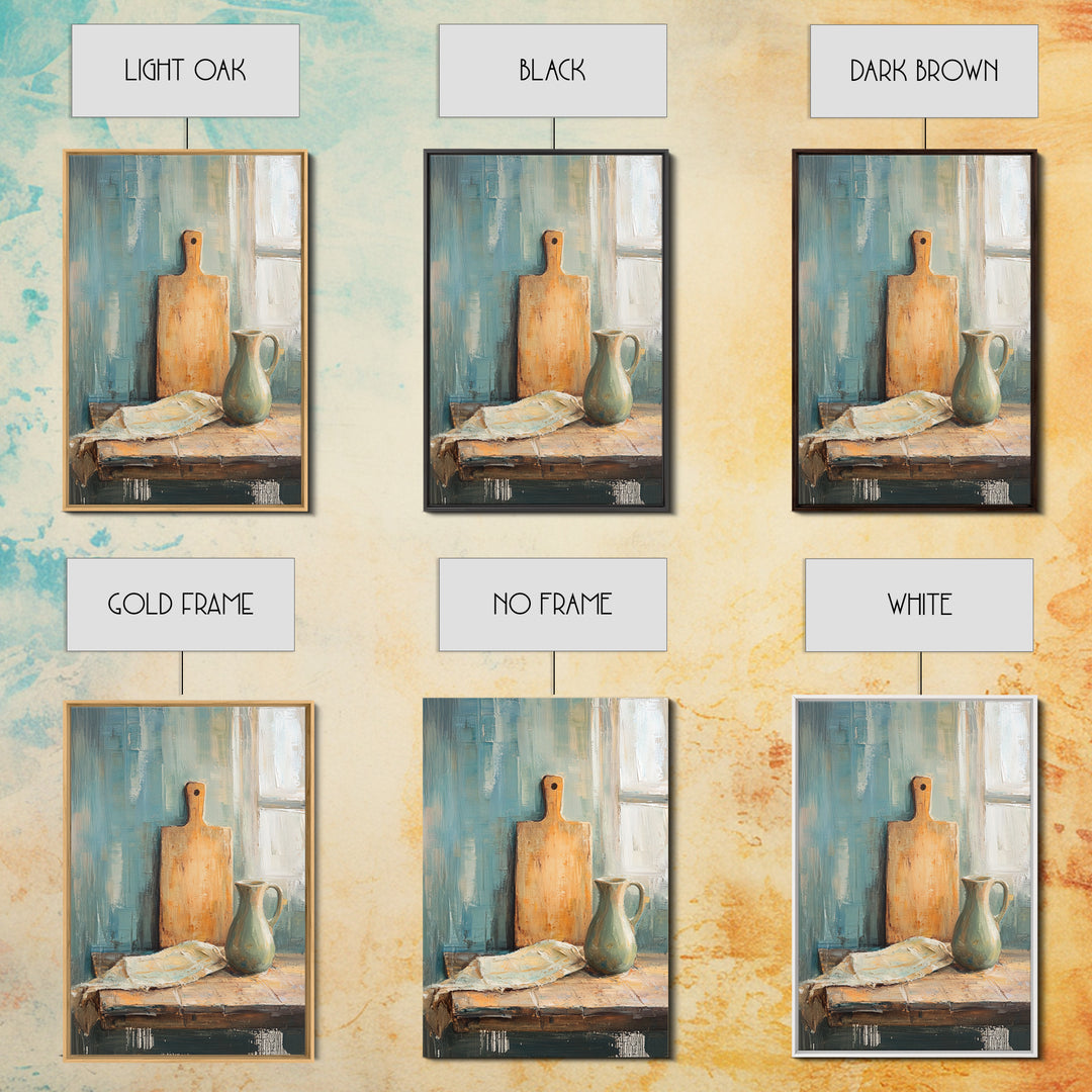 Rustic Cutting Board And Ceramic Pitcher Wall Art, Farmhouse Kitchen Decor, Country Still Life Art Print, Housewarming Gift