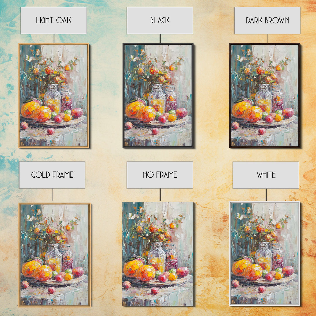 Colorful Citrus Fruit Still Life With Glass Jars Canvas Print, Kitchen Wall Art, Rustic Farmhouse Dining Room Decor, Foodie Gift