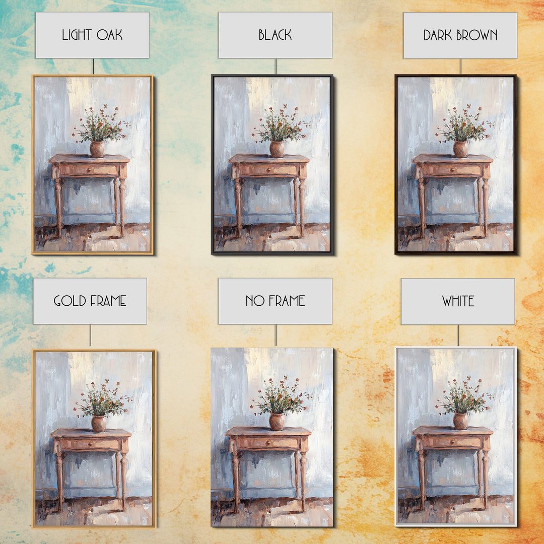 Rustic Console Table With Wildflower Vase Wall Art, Neutral Farmhouse Canvas Print, Entryway Living Room Wall Decor, Home Decor