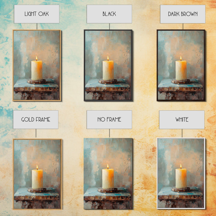 Glowing Ivory Candle On Rustic Table Canvas Print, Calming Still Life Wall Art For Spa Decor, Meditation Room, Cozy Home