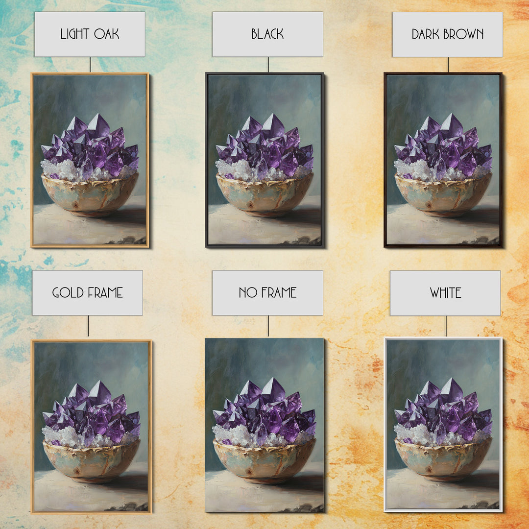 Purple Amethyst Crystals In Rustic Bowl Canvas Print, Crystal Wall Art, Spiritual Decor, Boho Home Decor, Gift For Her, Living Room Decor