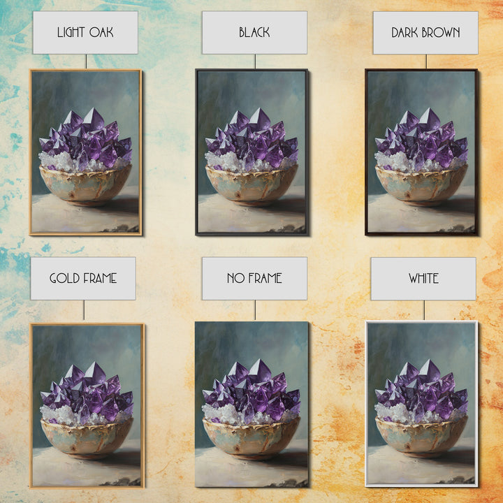 Purple Amethyst Crystals In Rustic Bowl Canvas Print, Crystal Wall Art, Spiritual Decor, Boho Home Decor, Gift For Her, Living Room Decor