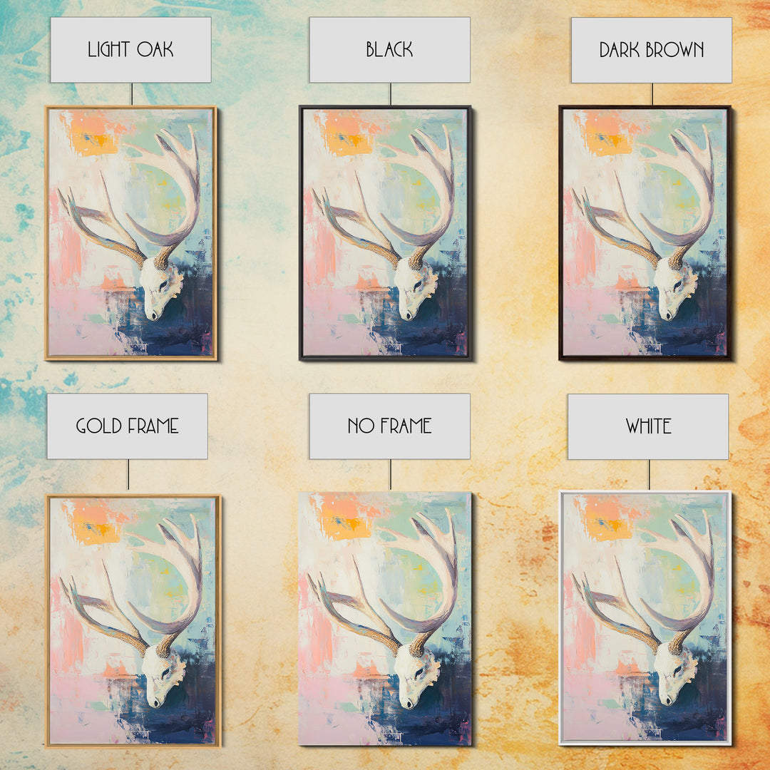White Deer Skull With Antlers On Pastel Abstract Canvas Print, Western Wall Art, Boho Wall Decor, Rustic Cabin Home Decor
