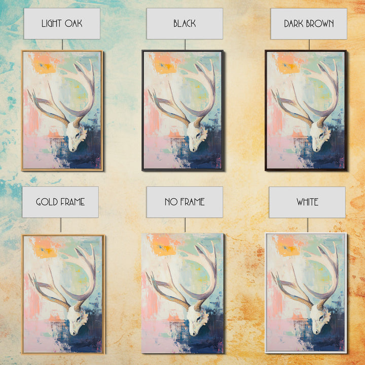 White Deer Skull With Antlers On Pastel Abstract Canvas Print, Western Wall Art, Boho Wall Decor, Rustic Cabin Home Decor