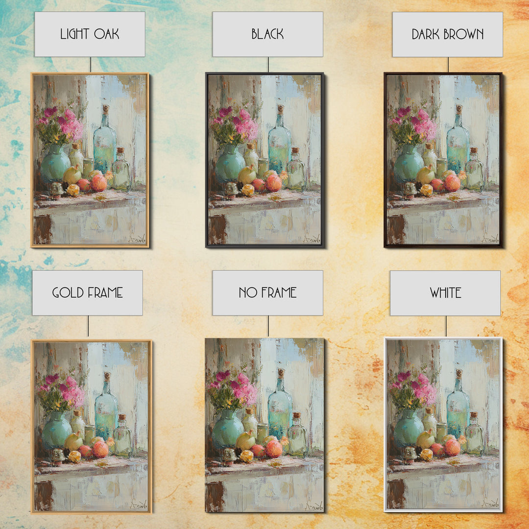 Flowers Bottles And Fruit Framed Canvas Print, Impressionist Still Life Wall Art, Kitchen Decor, Dining Room Prints, Home Decor