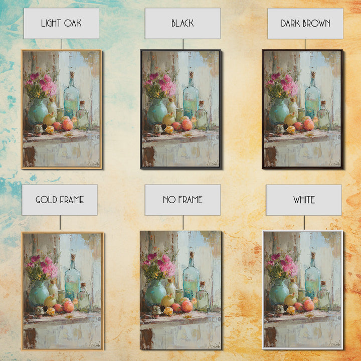 Flowers Bottles And Fruit Framed Canvas Print, Impressionist Still Life Wall Art, Kitchen Decor, Dining Room Prints, Home Decor