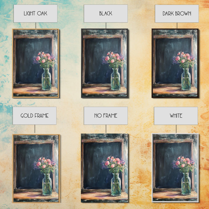 Chalkboard With Pink Flowers Wall Art, Rustic Kitchen Decor, Farmhouse Canvas Print, Floral Still Life, Dining Room Print