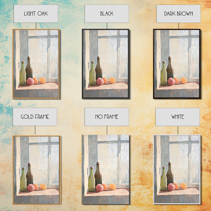 Bottles And Citrus On Windowsill Canvas Print, Rustic Kitchen Wall Art, Still Life Art Print, Farmhouse Dining Room Decor