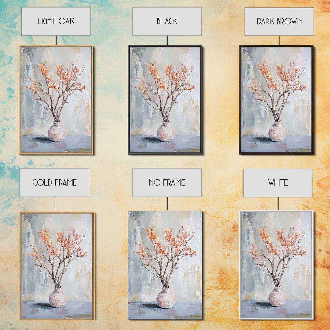 Orange Blossom Branches In Ceramic Vase Canvas Print, Minimalist Botanical Wall Art, Japandi Decor, Calm Neutral Home Gift