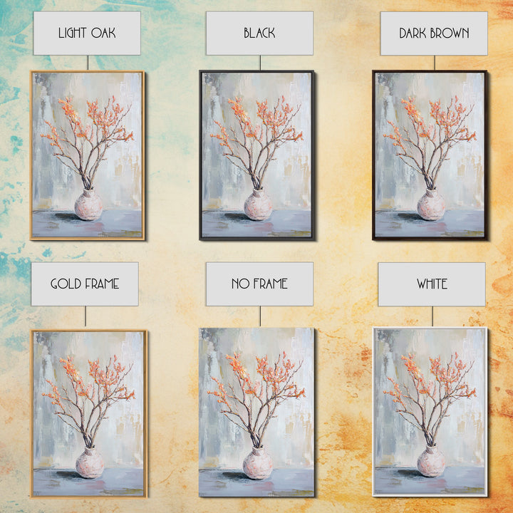 Orange Blossom Branches In Ceramic Vase Canvas Print, Minimalist Botanical Wall Art, Japandi Decor, Calm Neutral Home Gift