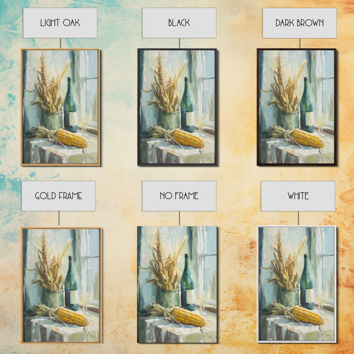 Sunlit Corn And Wine Bottle Still Life, Canvas Print, Farmhouse Kitchen Wall Art, Rustic Country Decor, Dining Room Print