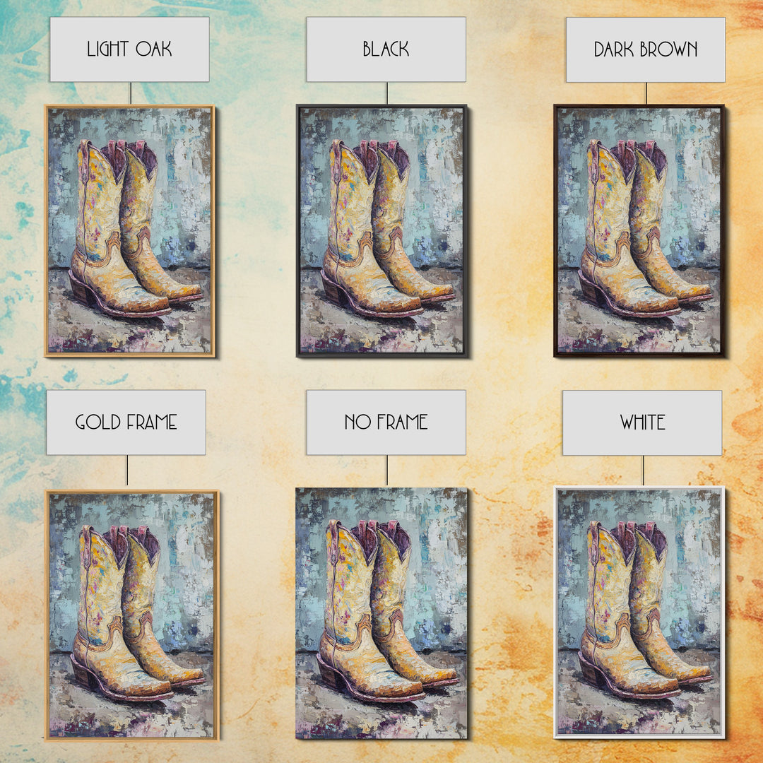 Yellow Cowboy Boots Oil Painting, Canvas Print, Western Wall Art, Cowgirl Decor, Rodeo Housewarming Gift, Rustic Home Decor