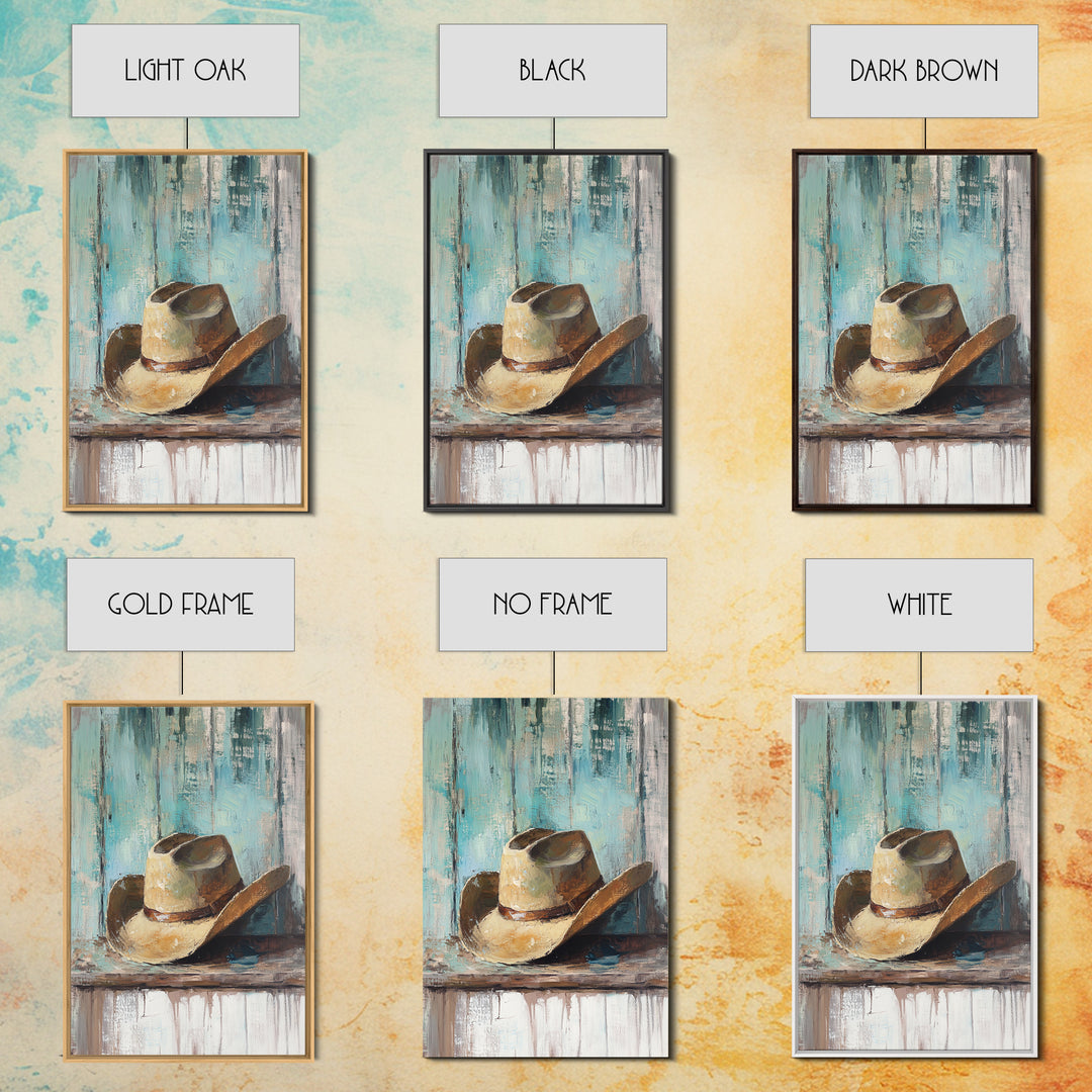 Worn Cowboy Hat On Weathered Shelf, Framed Canvas Print, Western Wall Art, Rustic Ranch Decor, Gift For Him, Man Cave Decor