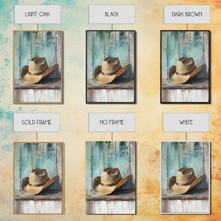 Worn Cowboy Hat On Weathered Shelf, Framed Canvas Print, Western Wall Art, Rustic Ranch Decor, Gift For Him, Man Cave Decor