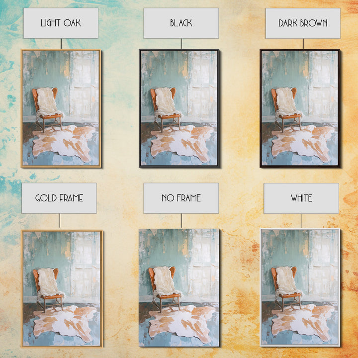 Leather Chair And Cowhide Rug Interior, Canvas Print, Rustic Wall Art, Western Home Decor, Neutral Living Room Wall Art Print