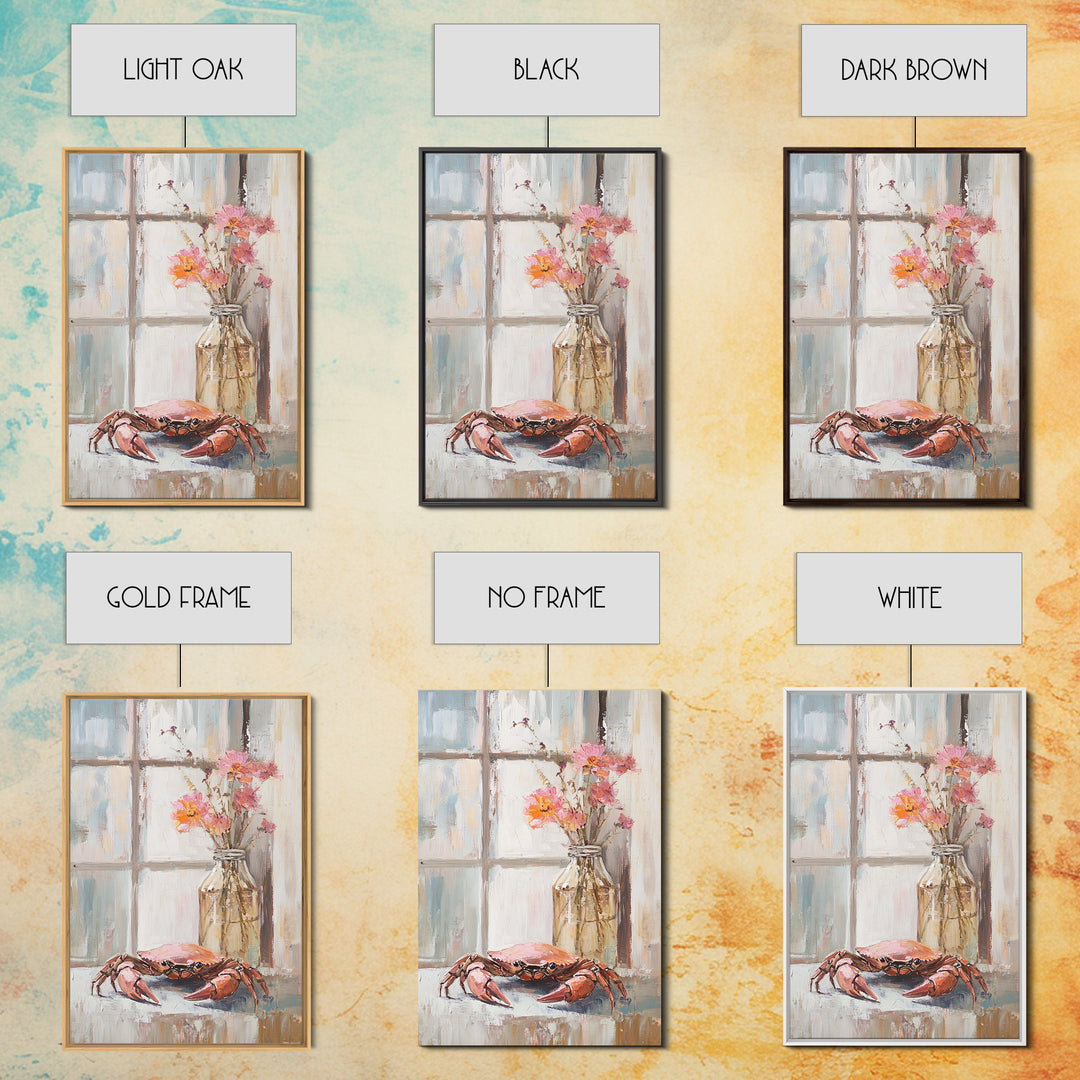 Blue Crab And Pink Flowers By Window, Framed Canvas Print, Coastal Kitchen Wall Art, Beach House Decor, Seafood Wall Art