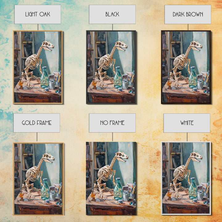 Dinosaur Skeleton On Artist Desk Canvas Print, Curiosity Cabinet Wall Art, Science Decor, Kids Room Decor, Unique Gift For Kids